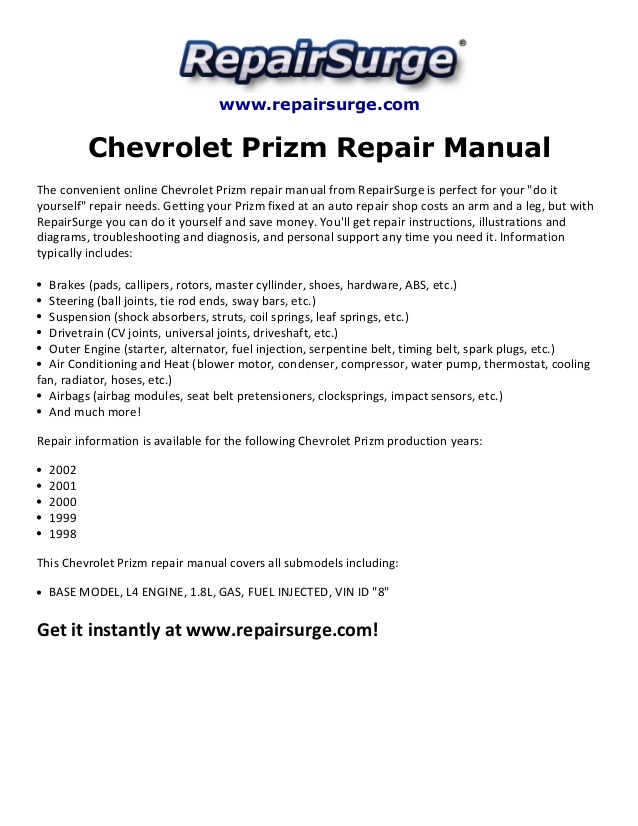 download CHEVY METRO 98 99 01 workshop manual