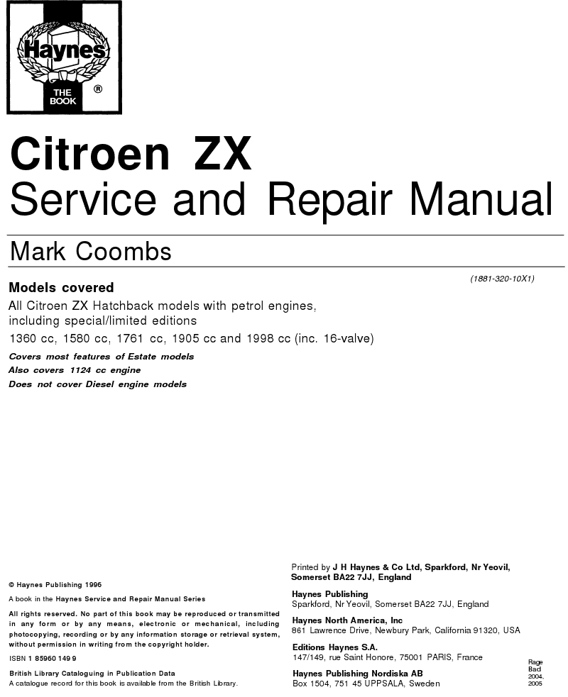 download Citroen ZX 1360cc Hatchback workshop manual