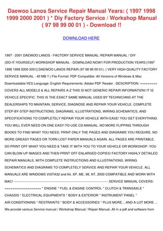 download DAEWOO LANOS YEARS  DIY 97 98 99 00 01 workshop manual