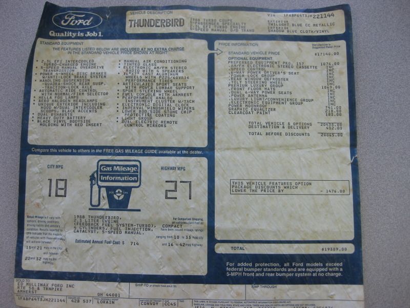 download Ford Thunderbird Window Price Sticker Car workshop manual