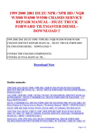 download Isuzu Commercial Truck Forward Tiltmaster NPR NPR HD NQR W3500 W4500 W5500 workshop manual