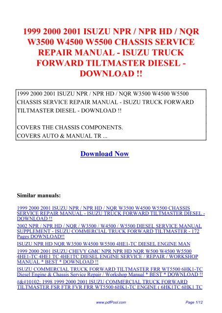 download Isuzu Tiltmaster W4 Forward 4000 4BD1 4BD1T 3.9L Engine workshop manual