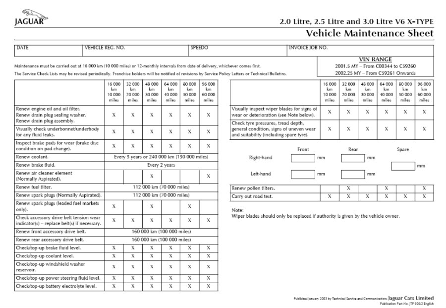 download JAGUAR 2.0 Litre X TYPE Vehicle Sheet workshop manual