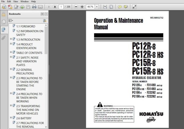 download Komatsu PC12R 8 PC12R 8 HS PC15R 8 PC15R 8 HS Hydraulic Excavator Operation workshop manual