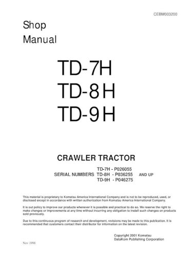 download Komatsu TD 7H TD 8H TD 9H Dozer Bulldozer workshop manual