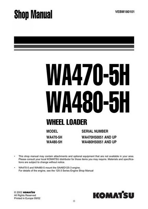 download Komatsu WA470 5H WA480 5H Wheel Loader workshop manual