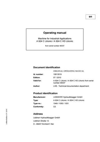 download Liebherr A924B Litronic A924B HD Litronic Hydraulic Excavator Operation workshop manual