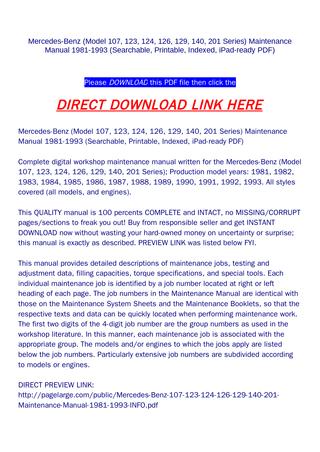 download MERCEDES 107 123 124 126 129 140 201 workshop manual
