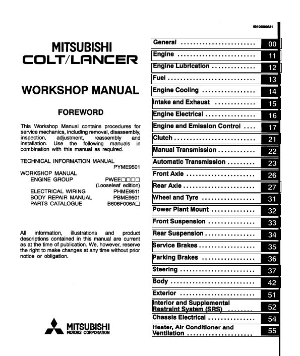 download Mitsubishi Colt Lancer workshop manual