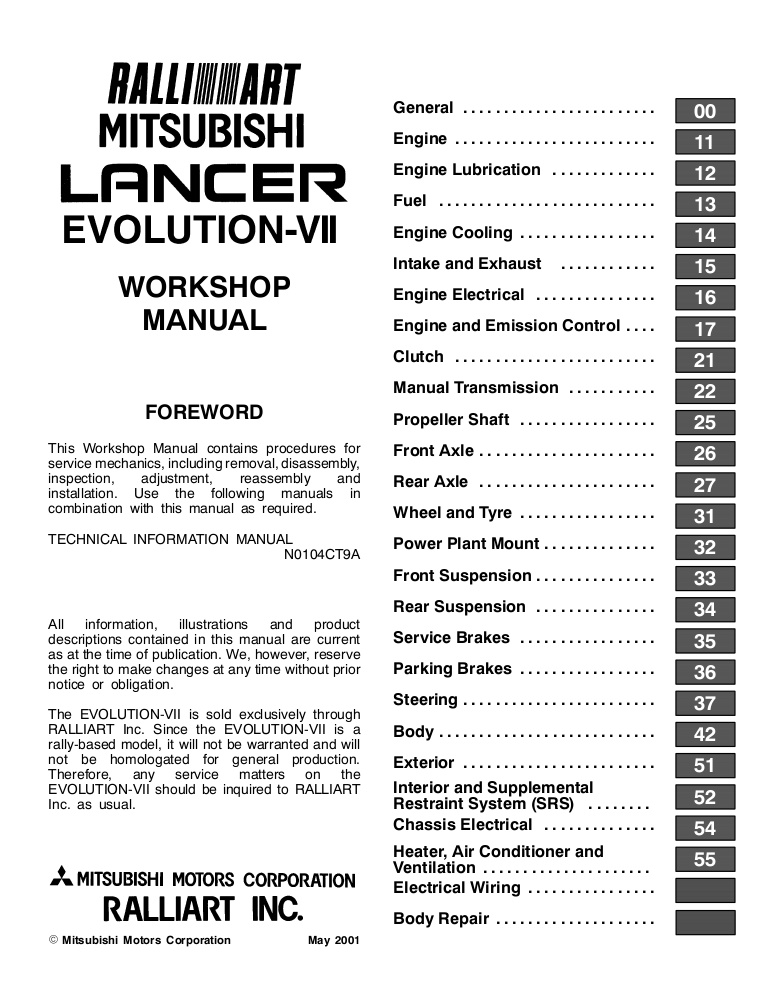 download Mitsubishi Lancer Evolution 7 Evo workshop manual