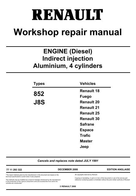 download RENAULT TRAFIC MASTER 852 J8S Engine workshop manual