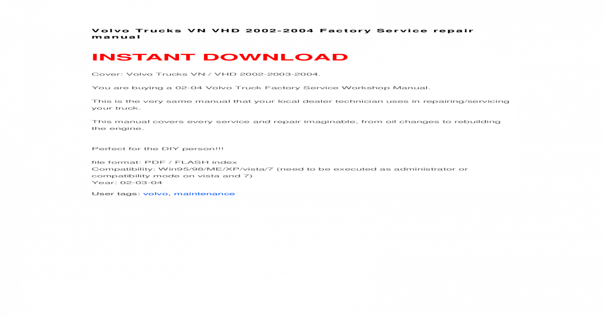 download Volvo Trucks VN VHD Factor workshop manual